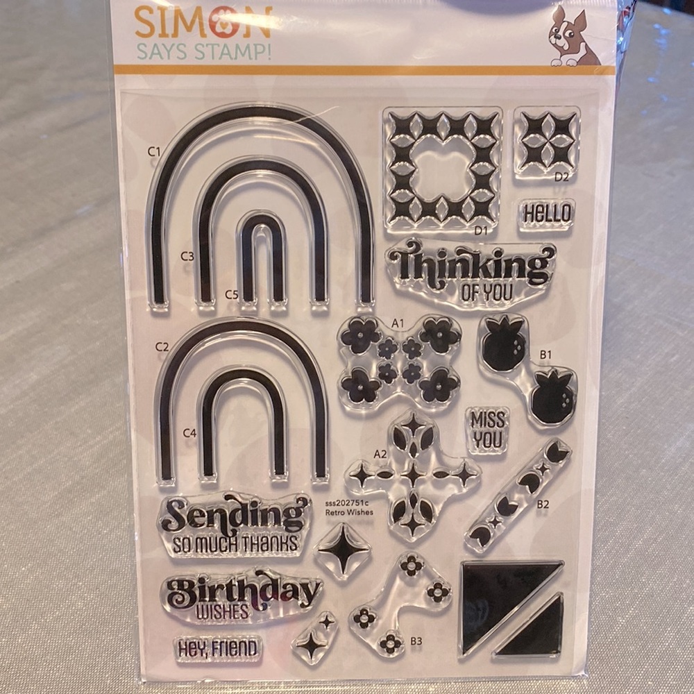 Simon Says clear Stamp Set NEW! Retro Wishes set, Rainbows, sentiments, retro